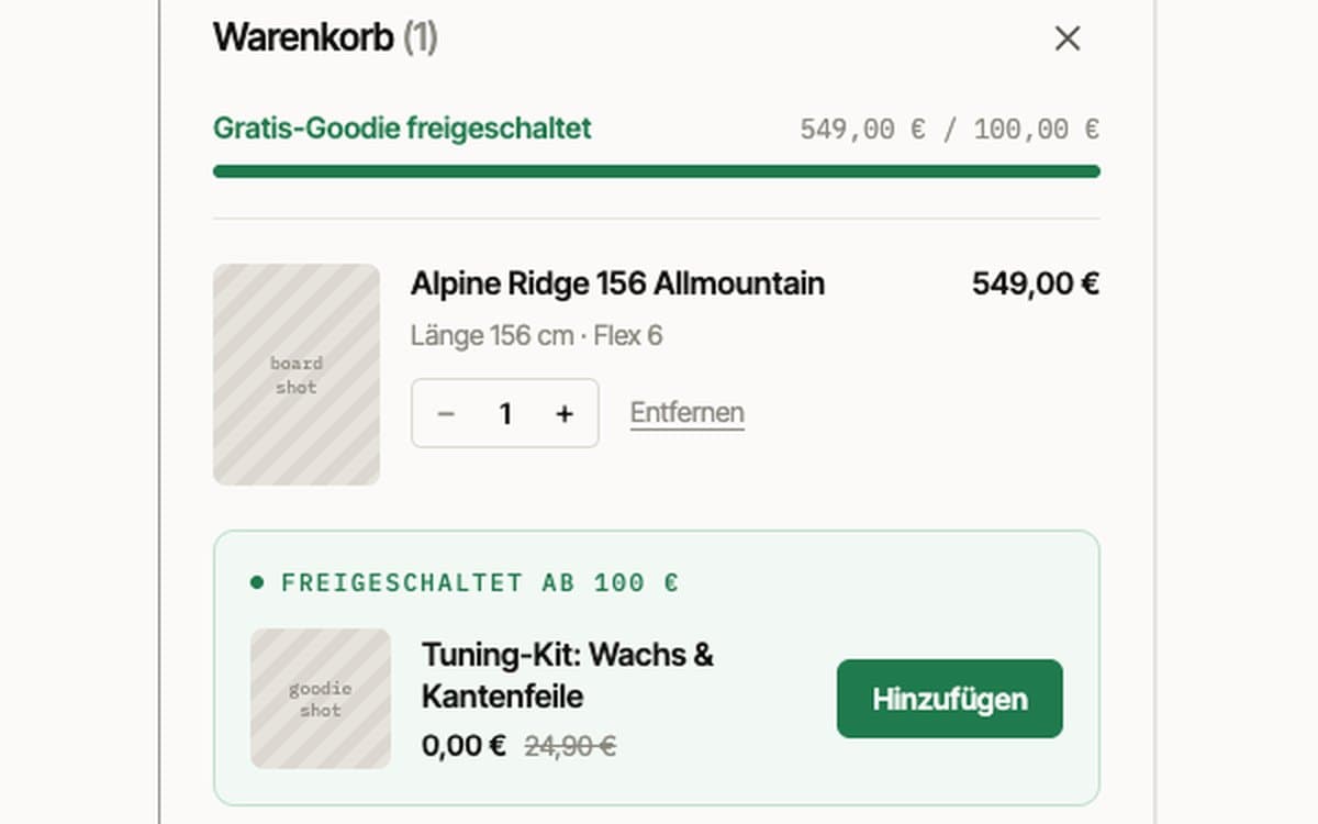 Warenkorb mit freigeschaltetem Gratis-Goodie ab 100 € Warenkorbwert