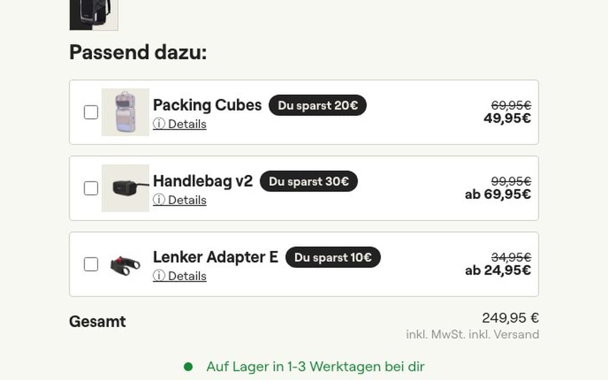 Upsell-Bundle „Passend dazu“ mit drei Zubehörprodukten und Ersparnis je Artikel